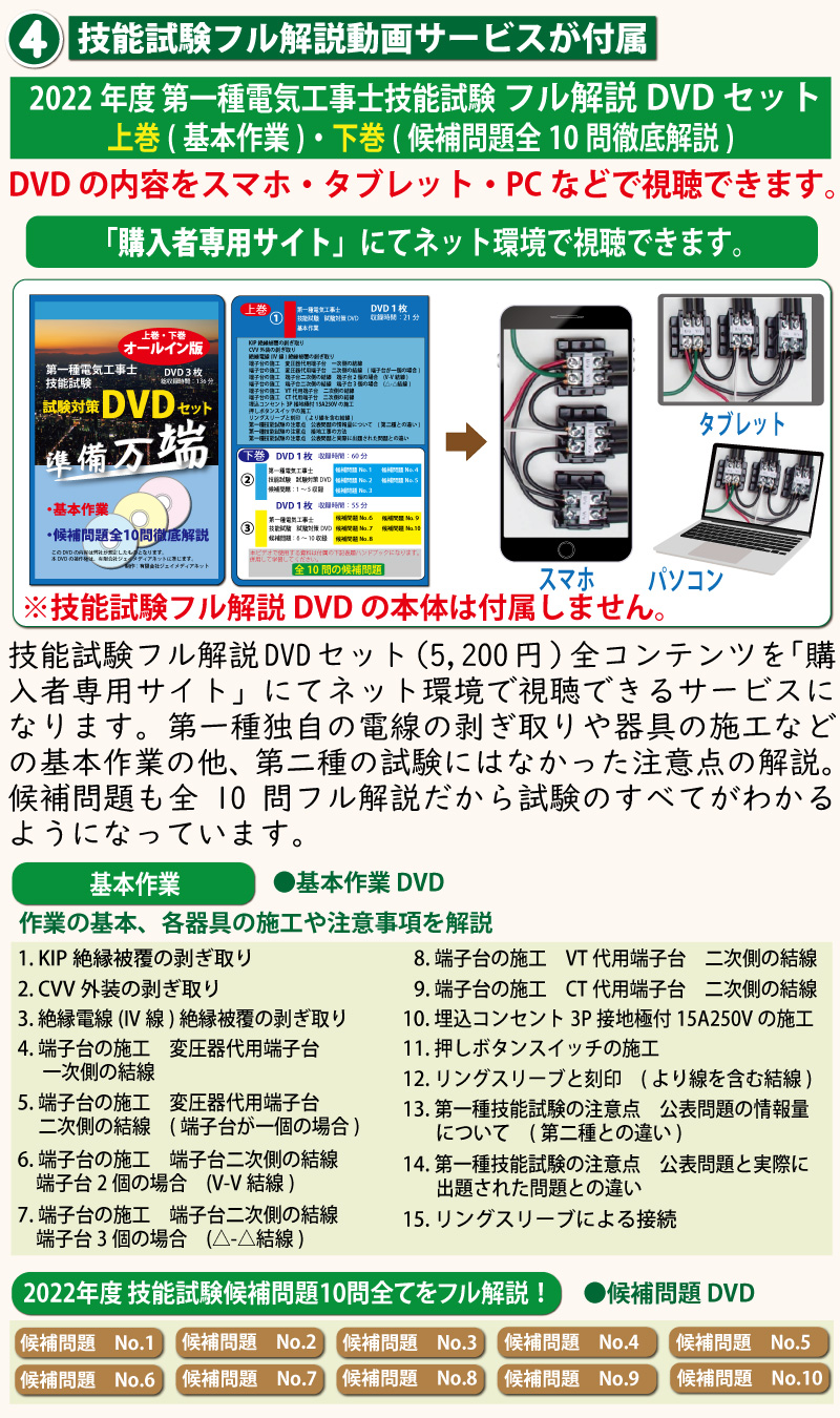 2022年度版 準備万端シリーズ (3回練習分) 第一種技能試験セット 練習用材料【全10問分の器具・電線セット】「1.参考書 2.動画解説 3.オンラインセミナー  4.わからないことが聞けるアフターサポート 5.消耗品セット付」